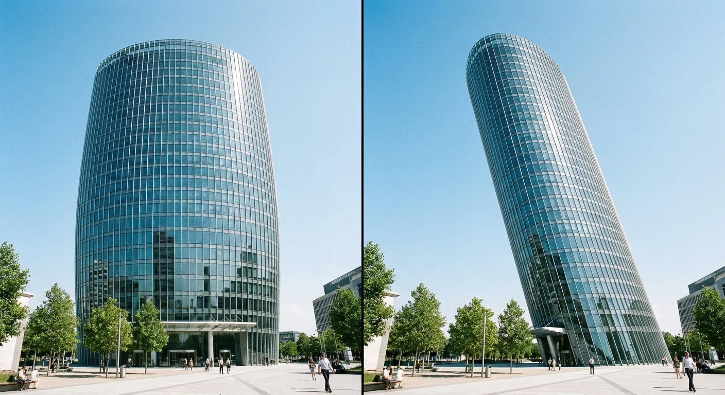 A comparison showing the difference between lens curvature and leaning building perspective.