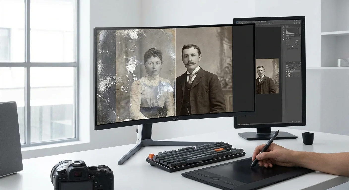 A computer monitor showing a before-and-after digital restoration of a silvered photo.
