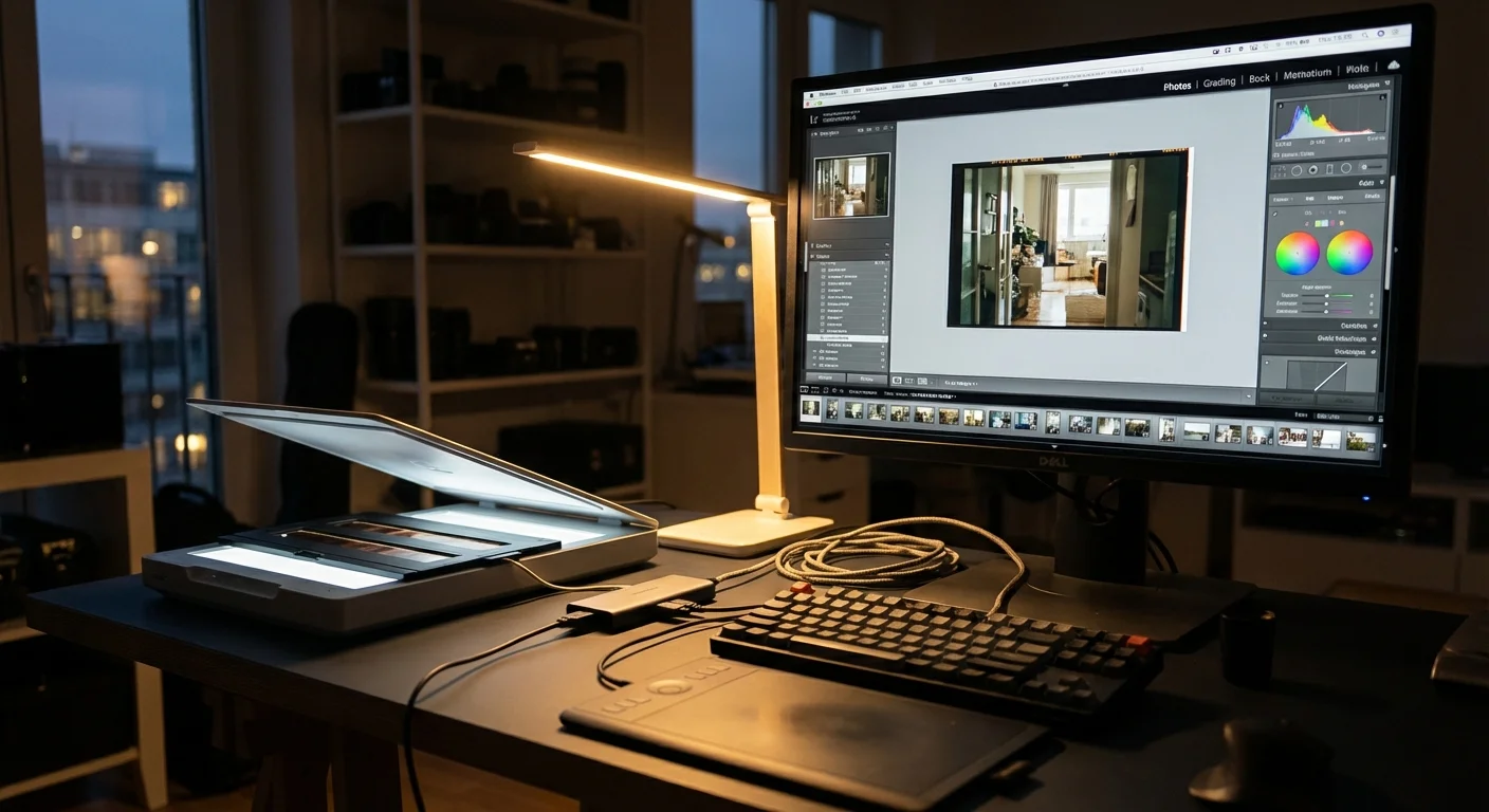 A computer monitor showing photo scanning software next to a scanner in a dimly lit studio.