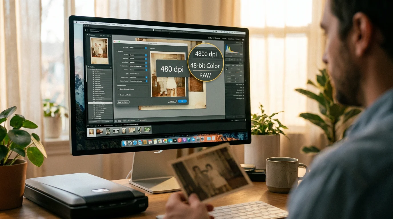 A computer screen displaying technical scanning software settings for photo digitization.