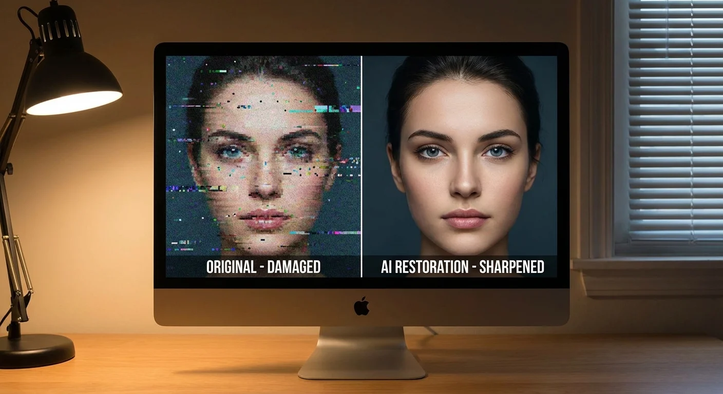 A computer screen showing a before-and-after AI restoration of a damaged portrait.