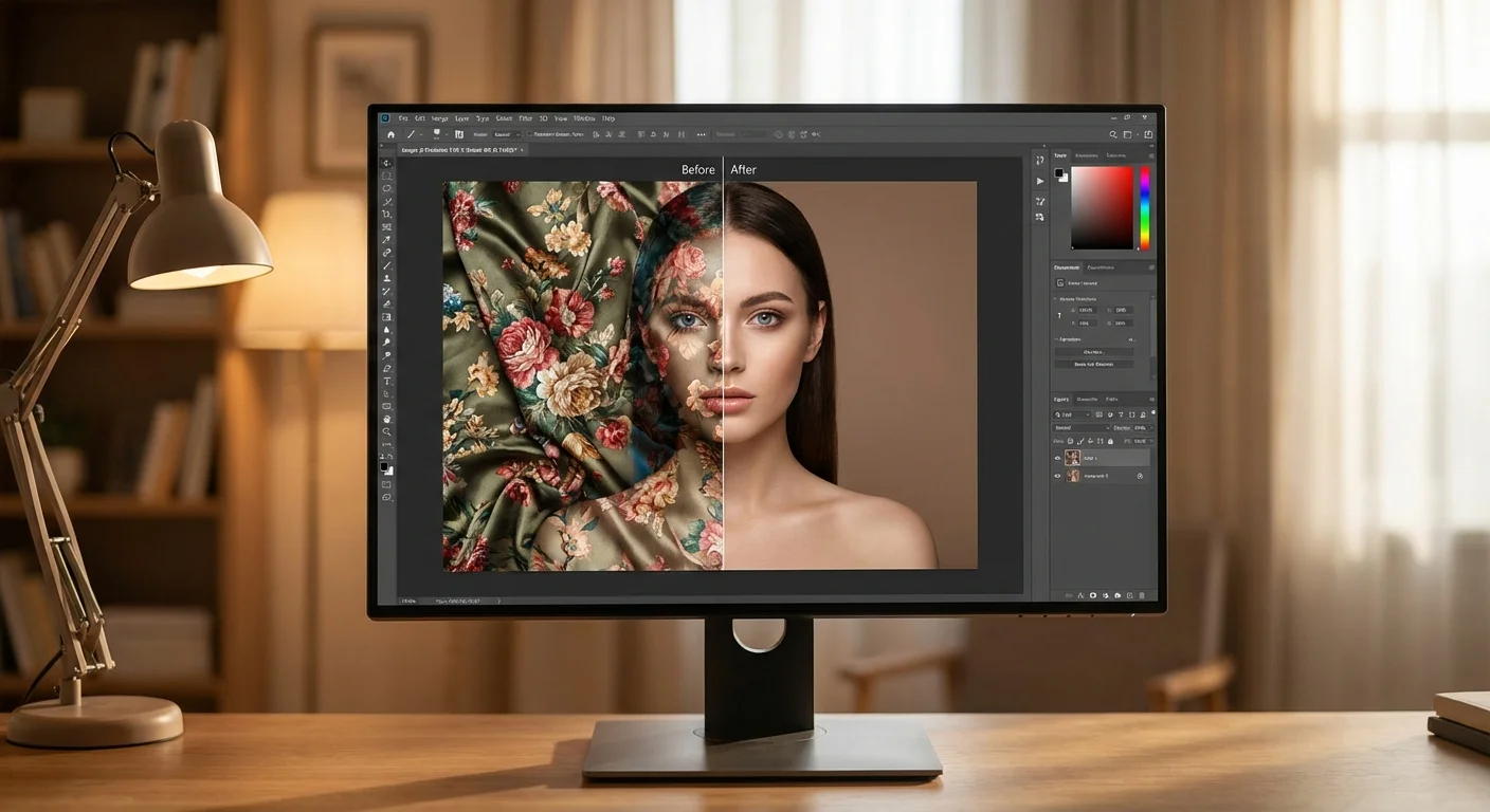 A computer screen showing a photo before and after texture removal filters.