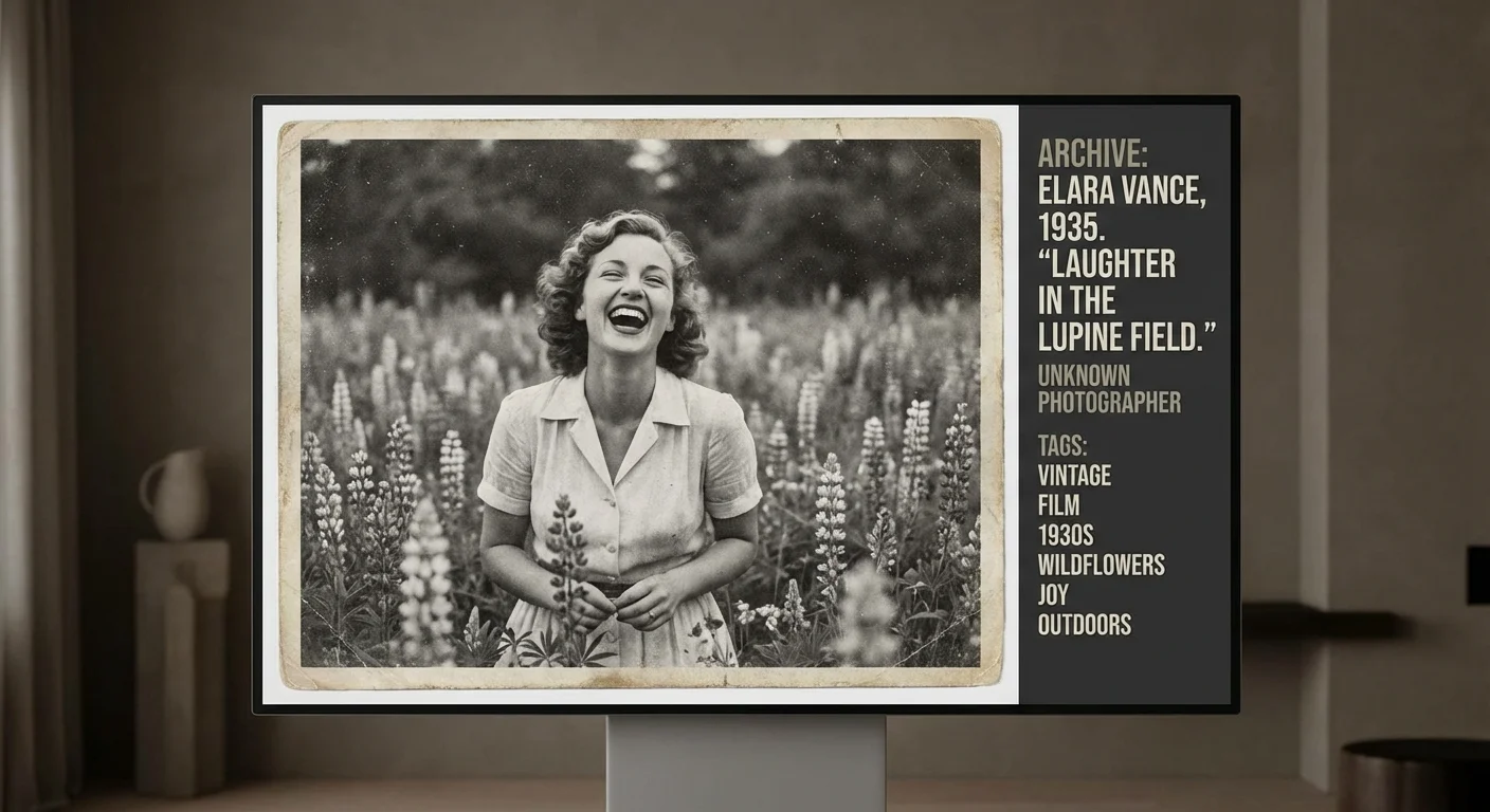 A computer screen showing a vintage photo of a woman in a field with metadata tags visible in a sidebar.