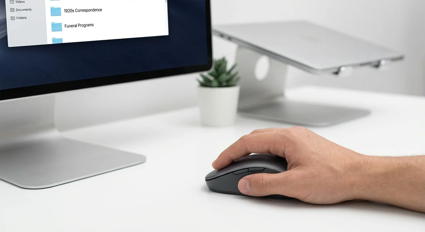 A computer screen showing a well-organized digital filing system for scanned family history documents.