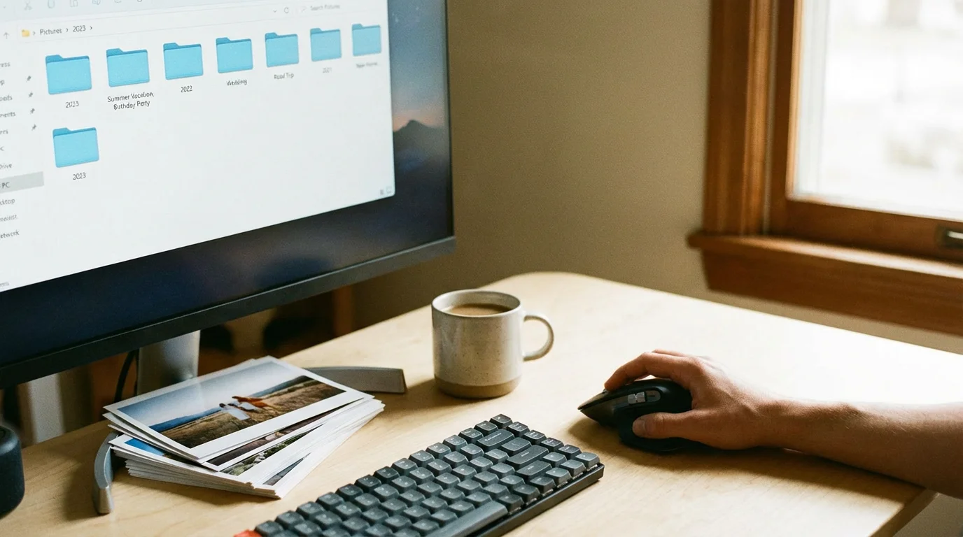 A computer screen showing organized photo folders with a hand on a mouse.