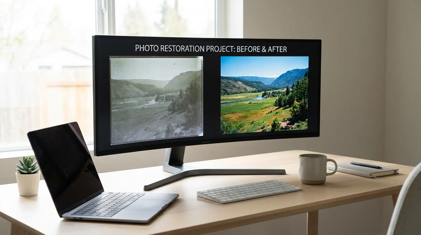 A computer screen showing the before-and-after restoration of a scanned photograph.