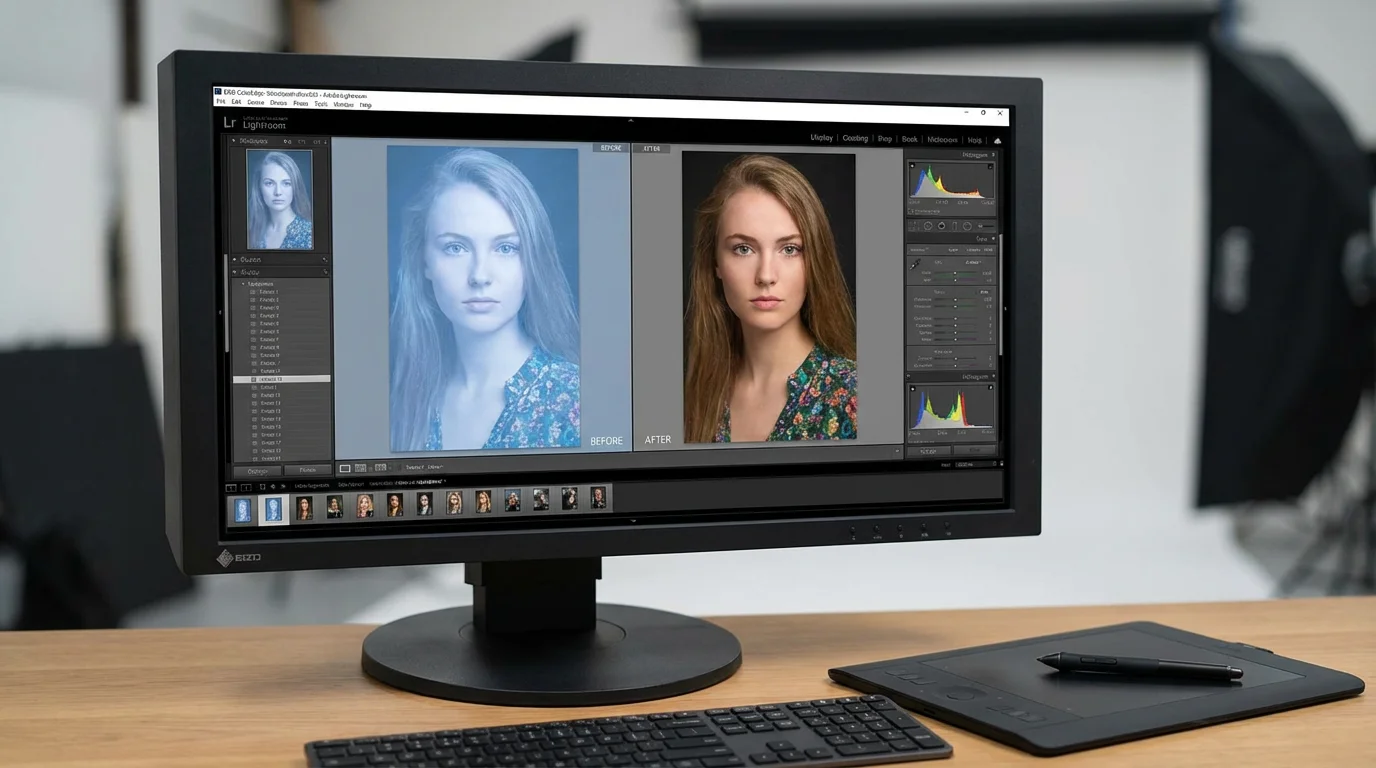 A computer screen showing the color correction process on a vintage portrait.