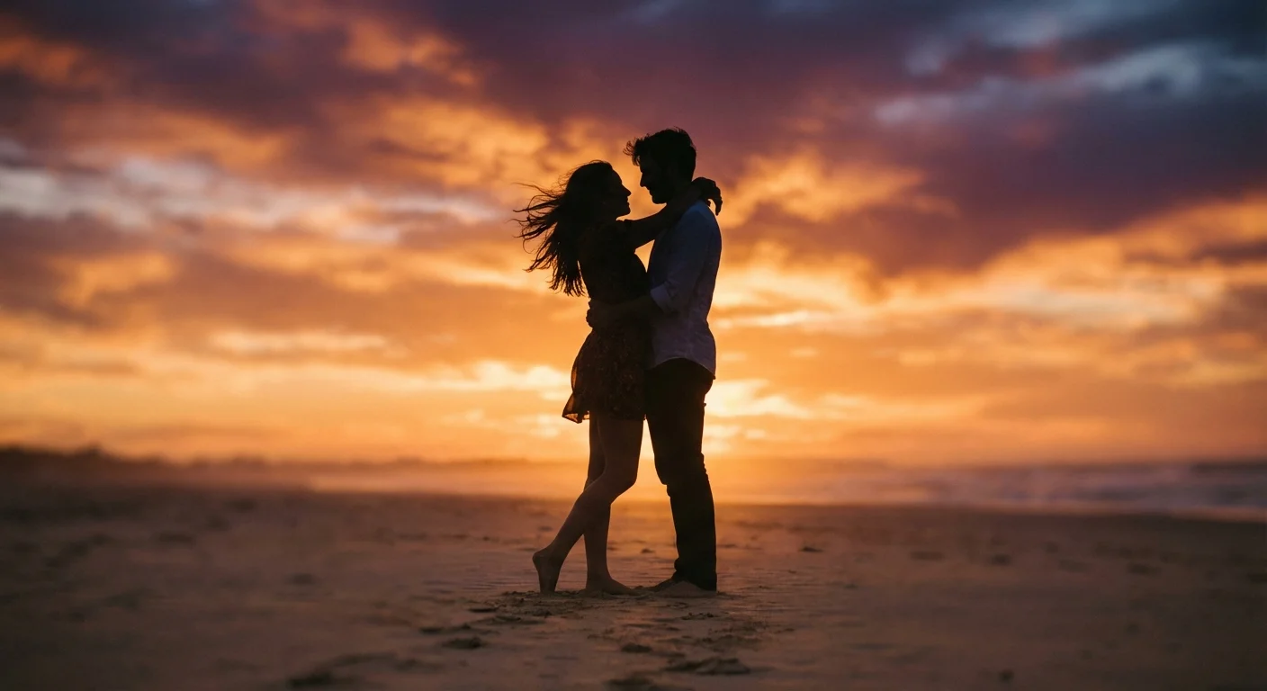 A couple silhouetted against a vibrant, colorful sunset on a beach, evoking a sense of romance and nostalgia.