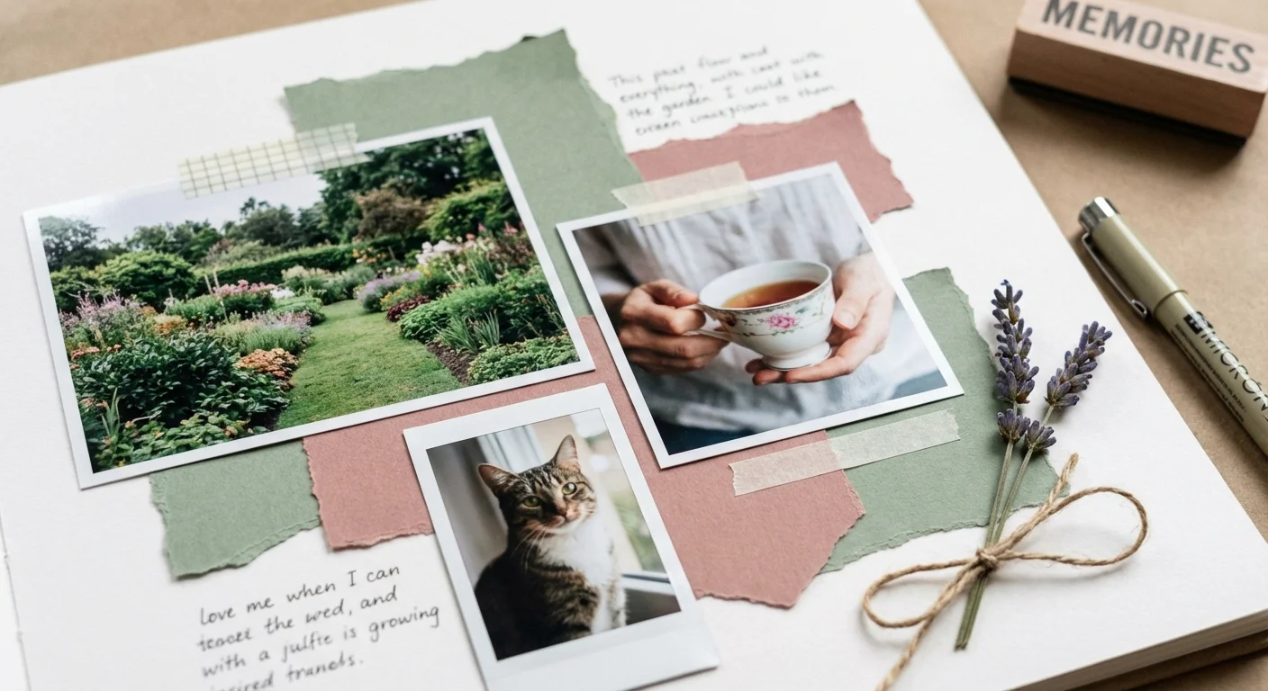 A creative scrapbook layout featuring layered paper and balanced photo placement.