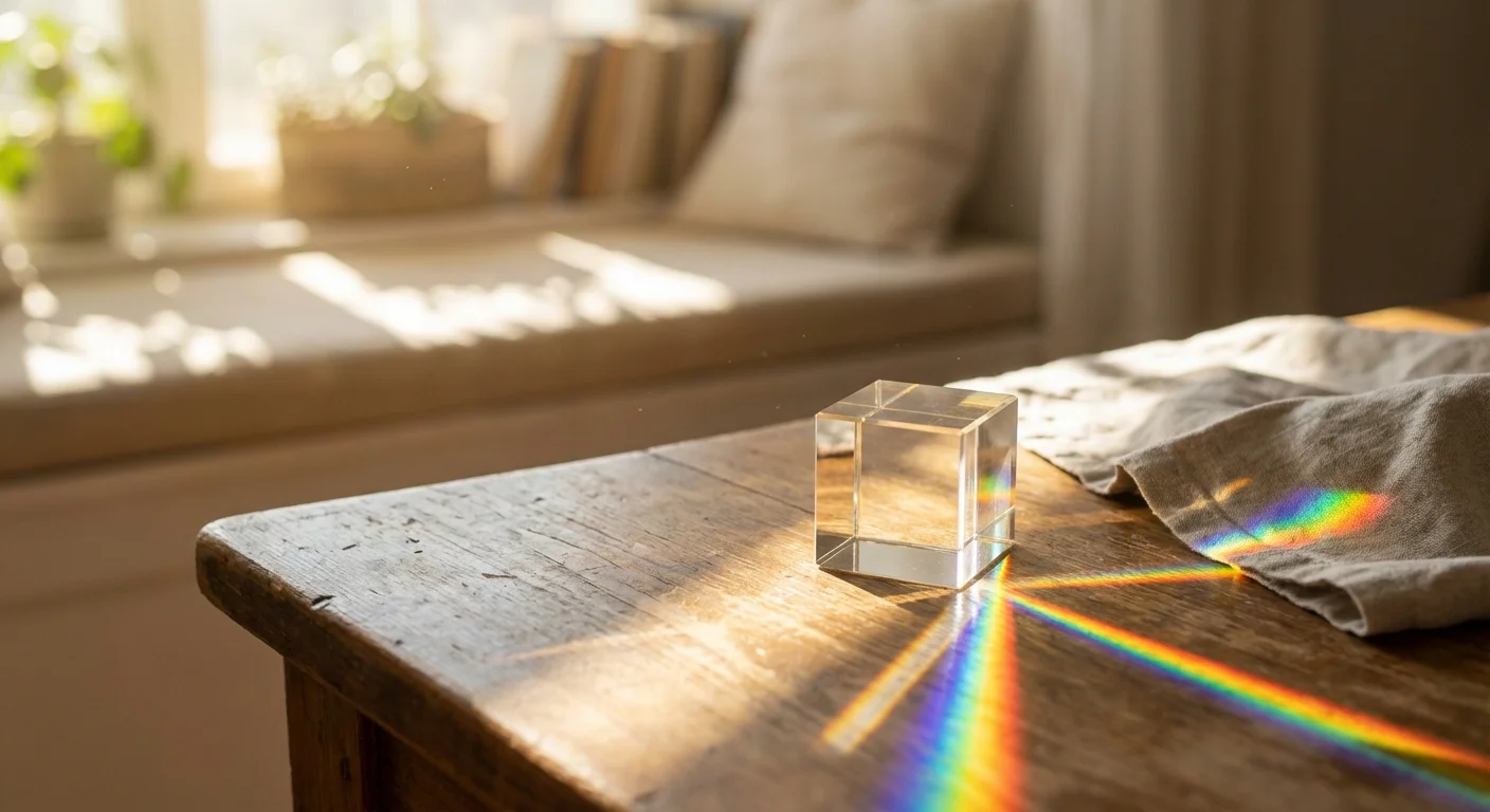 A crystal prism casting a light spectrum on a wooden surface in a sunlit room.