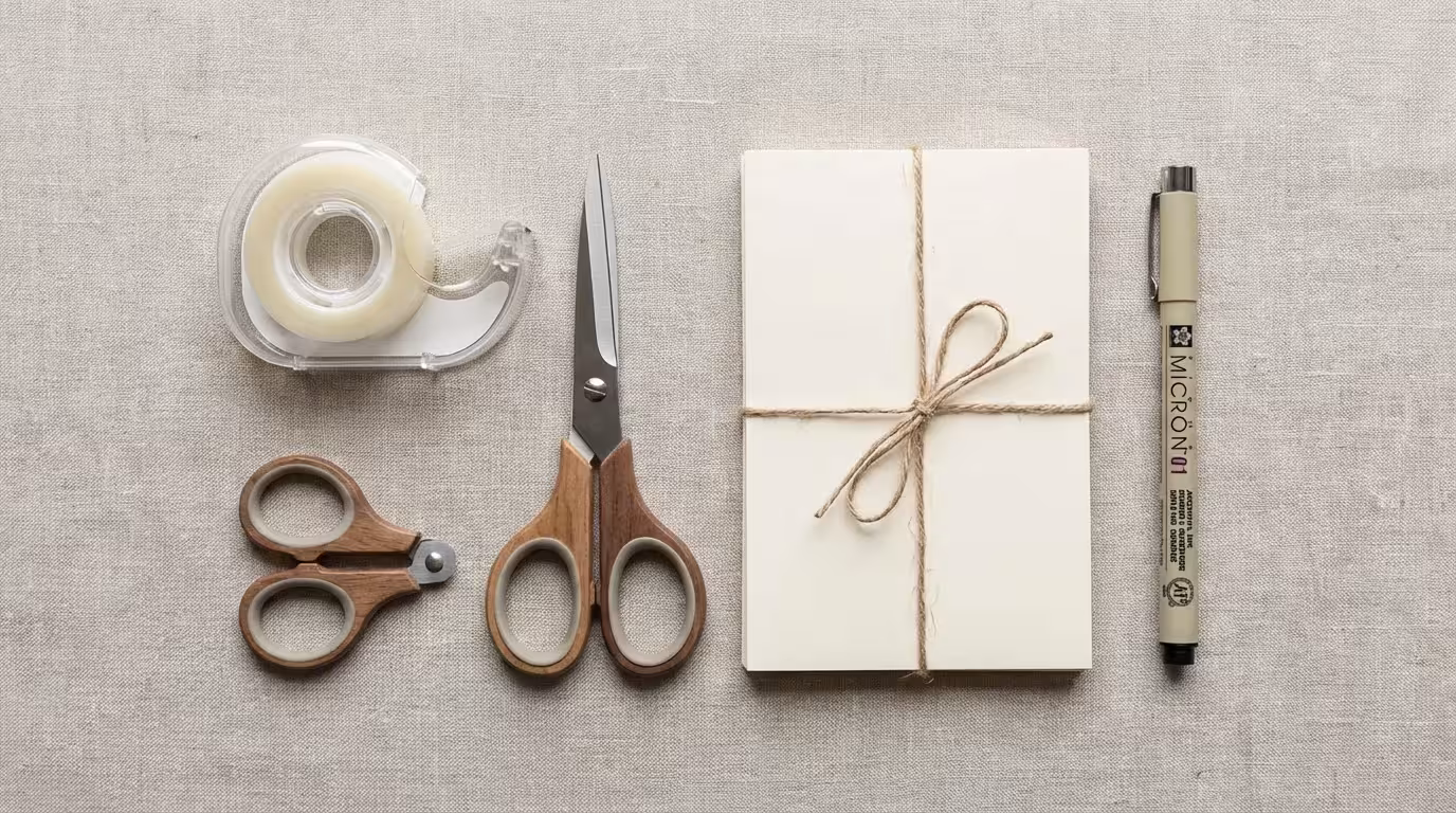 A curated flat lay of high-quality, archival-safe scrapbooking supplies on a linen background.