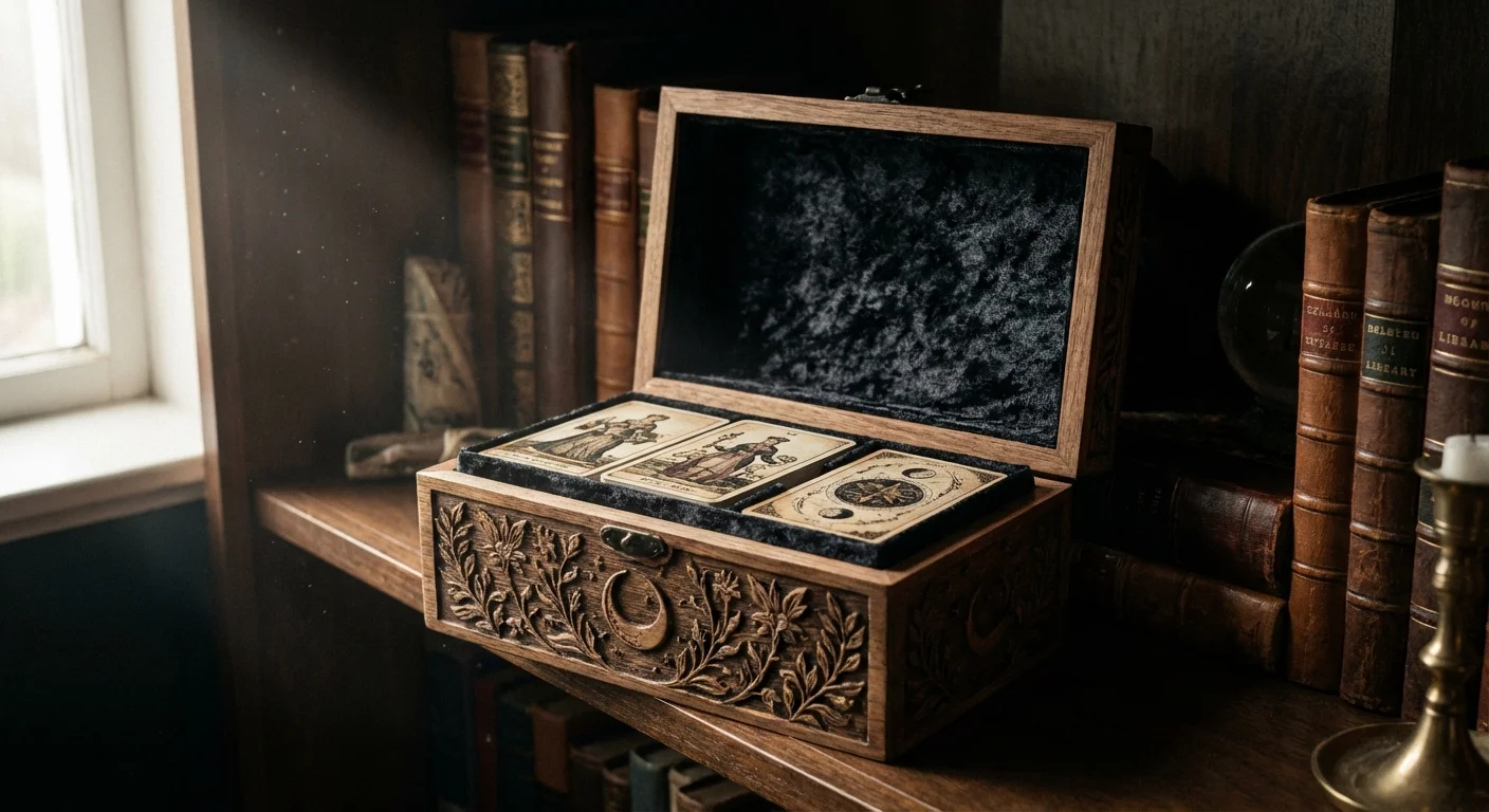 A custom deck of playing cards stored in an elegant wooden keepsake box on a shelf.