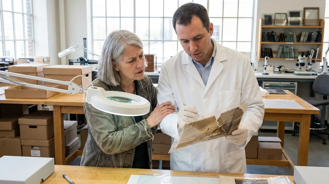 A customer discussing a damaged photograph with a professional conservator.