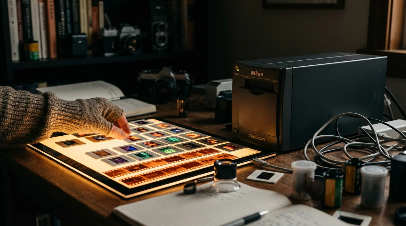 A dedicated film and slide scanner surrounded by glowing 35mm color slides.