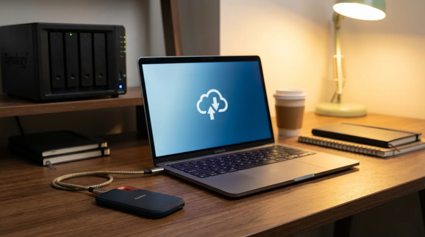 A desk setup featuring a laptop, an external drive, and a NAS unit in one frame.