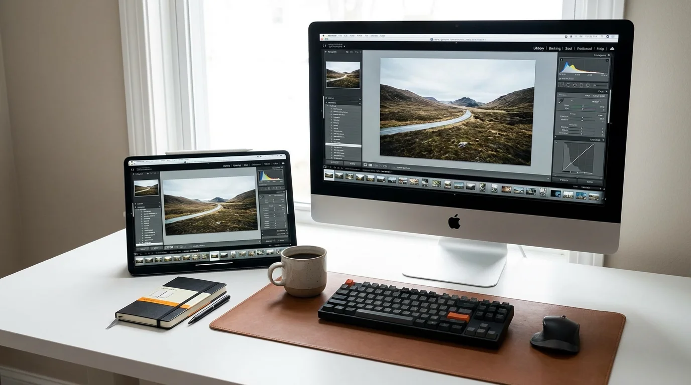 A desktop computer and a tablet side-by-side both running different versions of Adobe Lightroom.