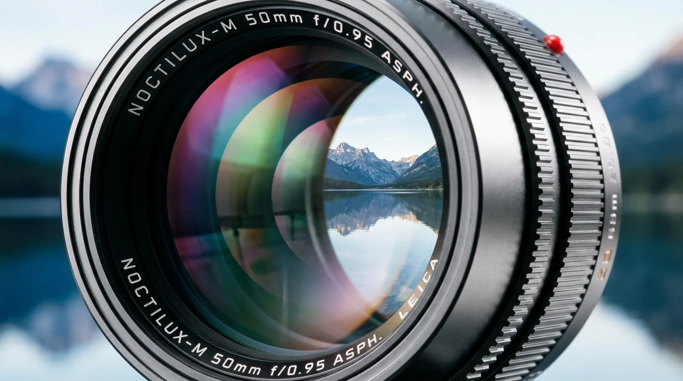 A detailed close-up of a professional camera lens, emphasizing technical precision.