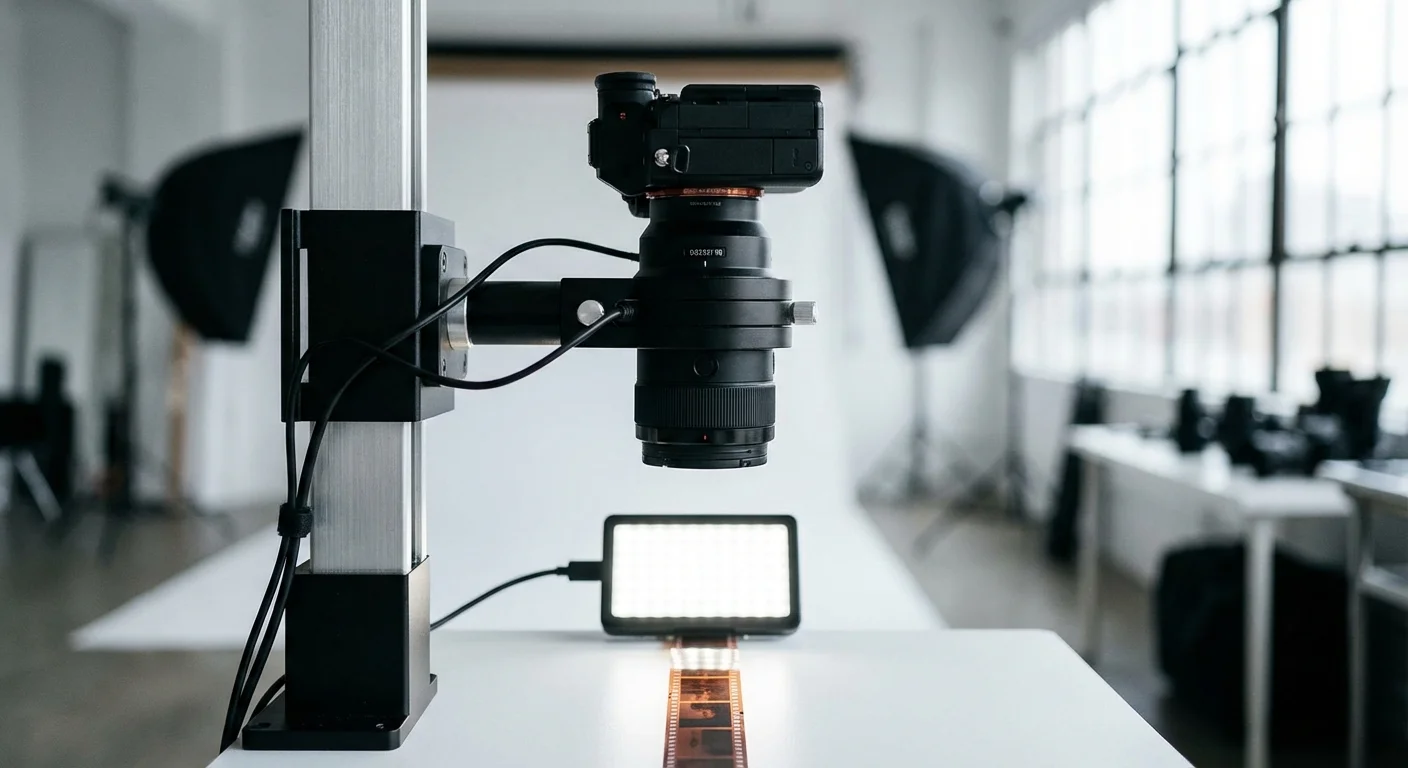 A digital camera on a copy stand setup for scanning film negatives.