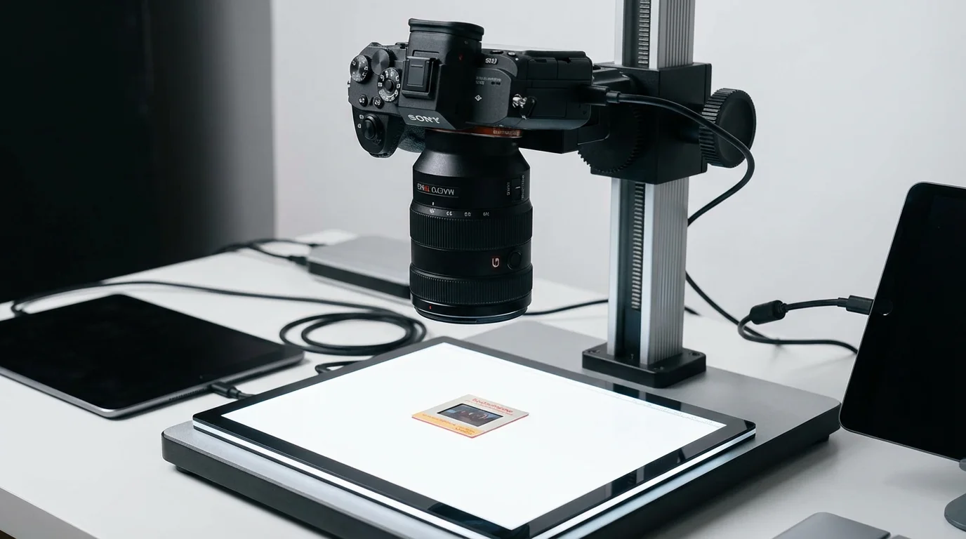 A digital camera setup on a copy stand used for scanning slides and negatives.