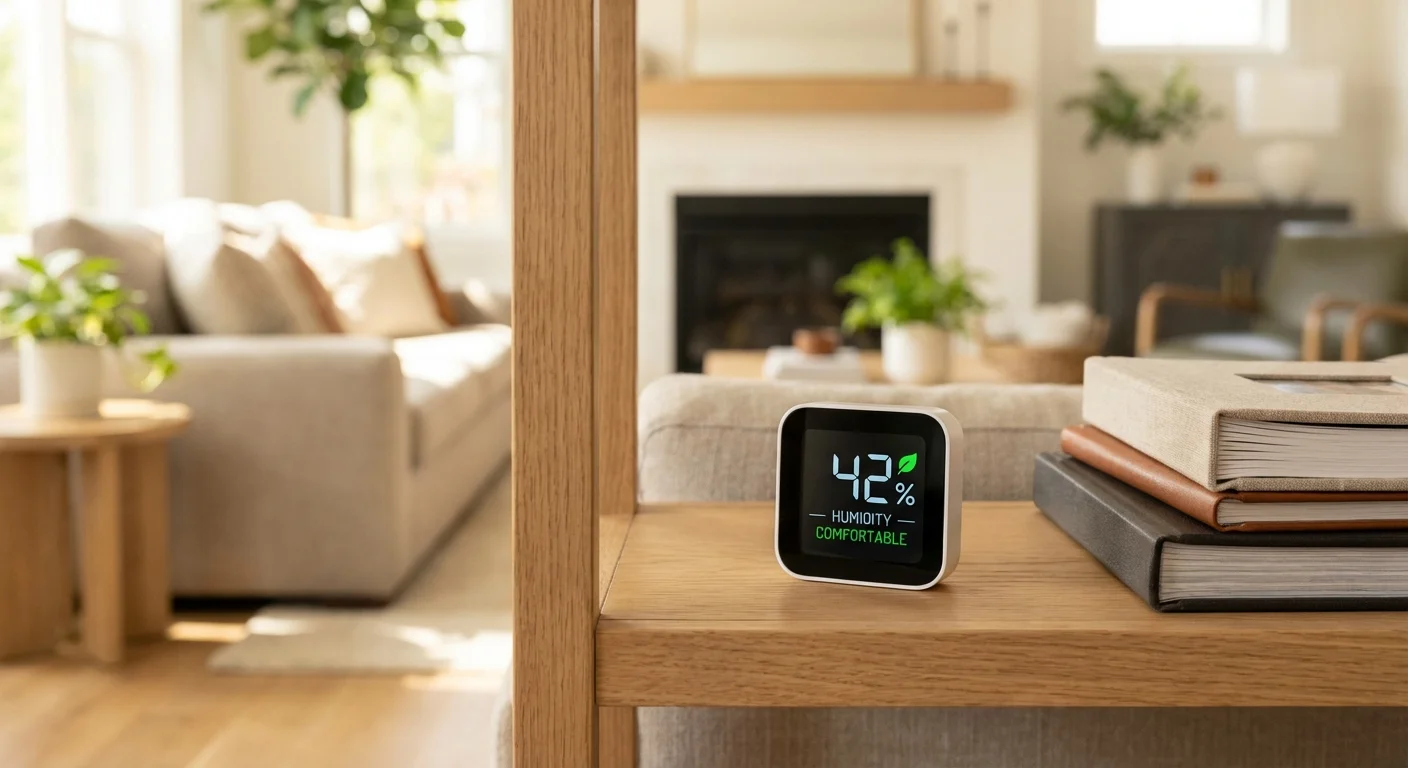 A digital hygrometer showing humidity levels next to photo albums.