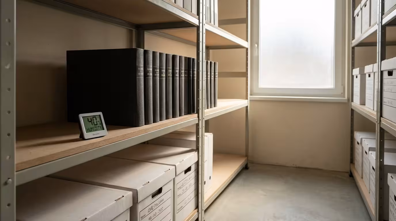 A digital hygrometer showing humidity levels next to stored photo albums.