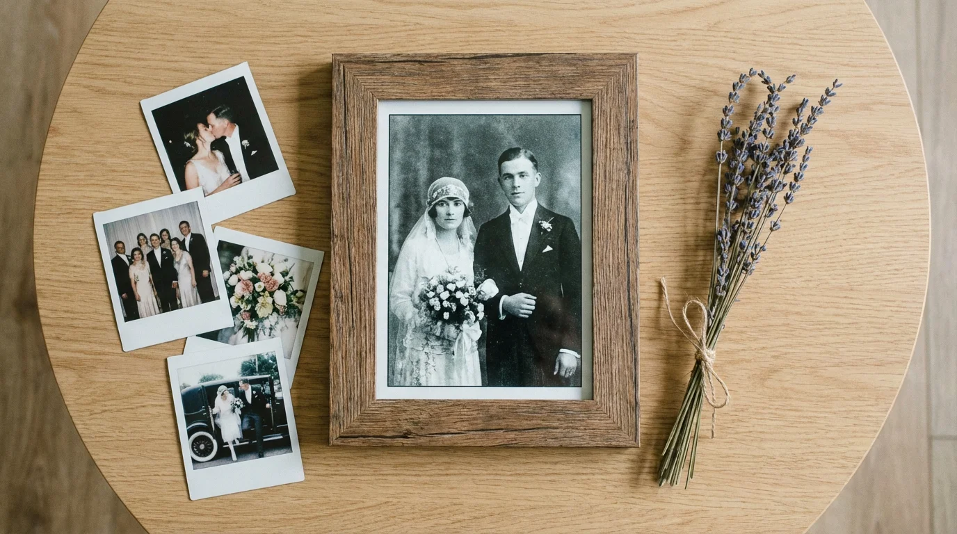 A digital photo frame displaying a vintage photo next to old physical photographs.