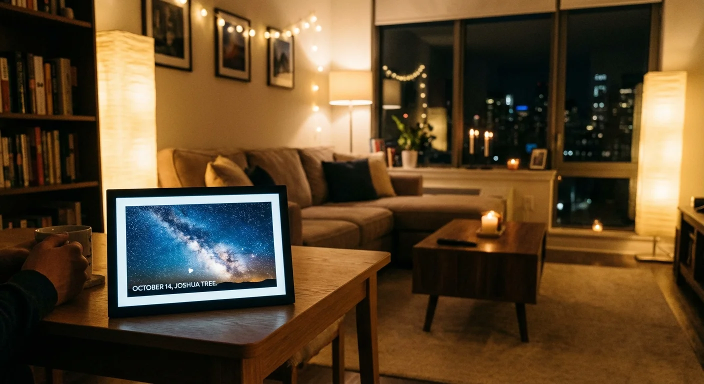 A digital photo frame in a cozy home displaying a photo of the stars.