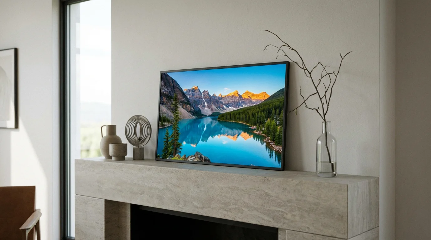 A digital photo frame on a mantle showing a clear image from a wide viewing angle.