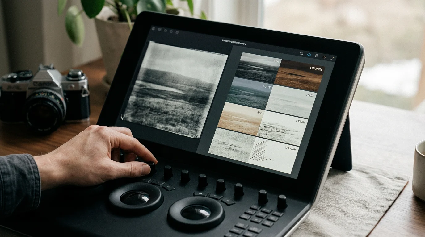 A digital screen showing the separation of texture and color layers during photo restoration.