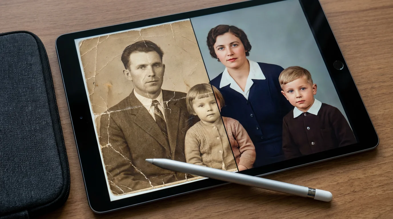 A digital tablet showing a before-and-after restoration of a faded vintage photograph.