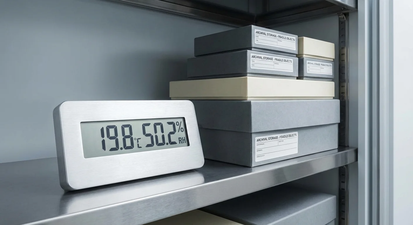 A digital temperature and humidity monitor sitting next to archival storage boxes in a clean room.