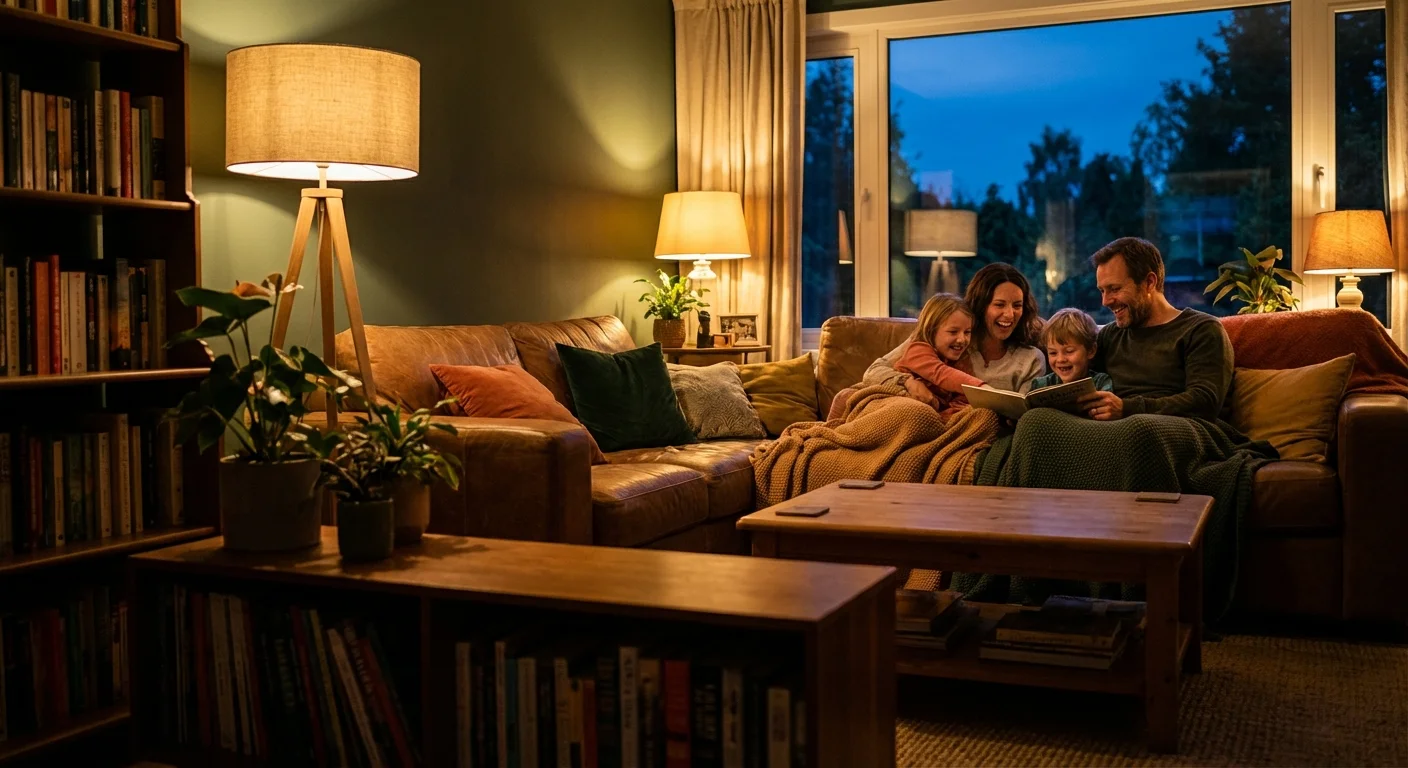 A dimly lit, warm living room captured with high clarity and rich shadow detail.