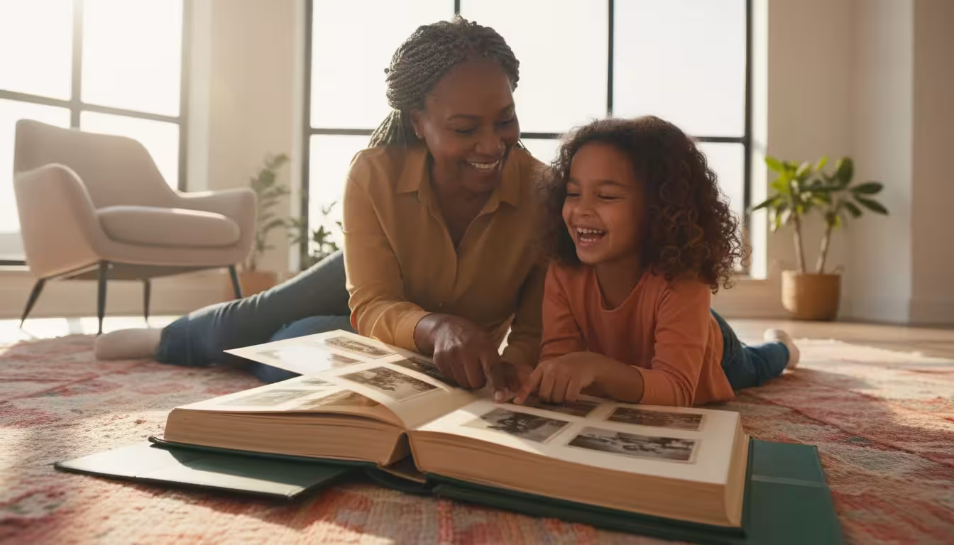 A diverse family, like a grandmother and grandchild, sits on a rug, looking at an open archival photo album during golden hour. They smile and interact with the photos.