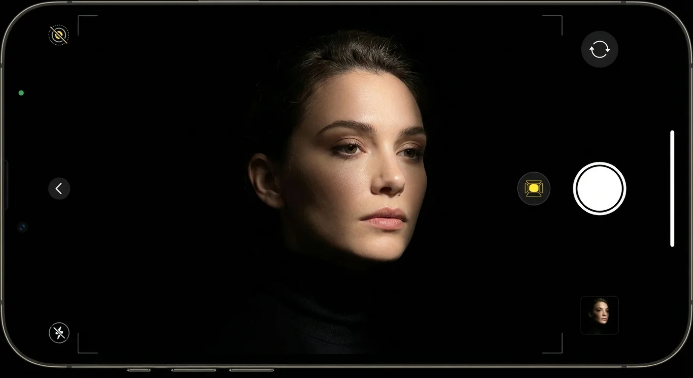 A dramatic portrait of a woman with a black background using iPhone Stage Light.