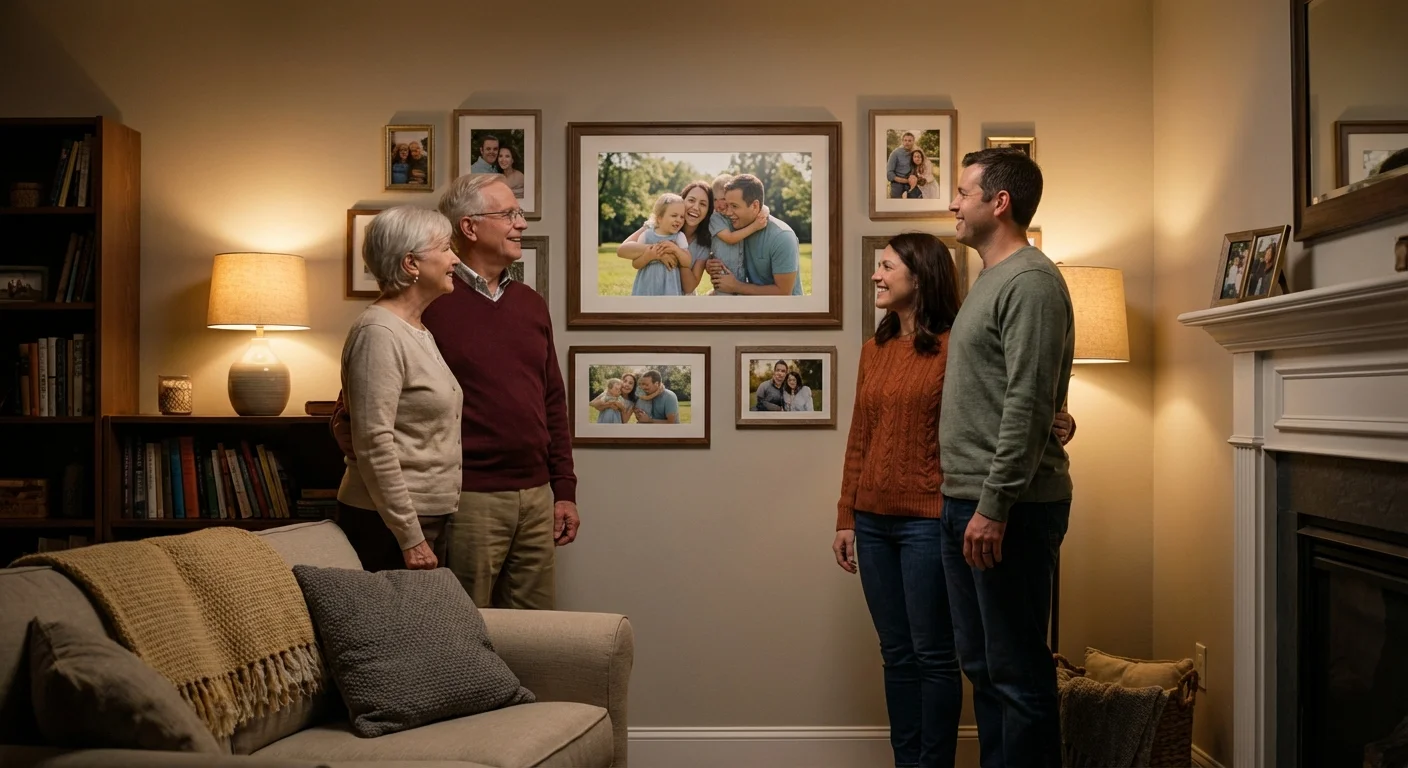 A family admiring a large framed portrait of their child on a home gallery wall.
