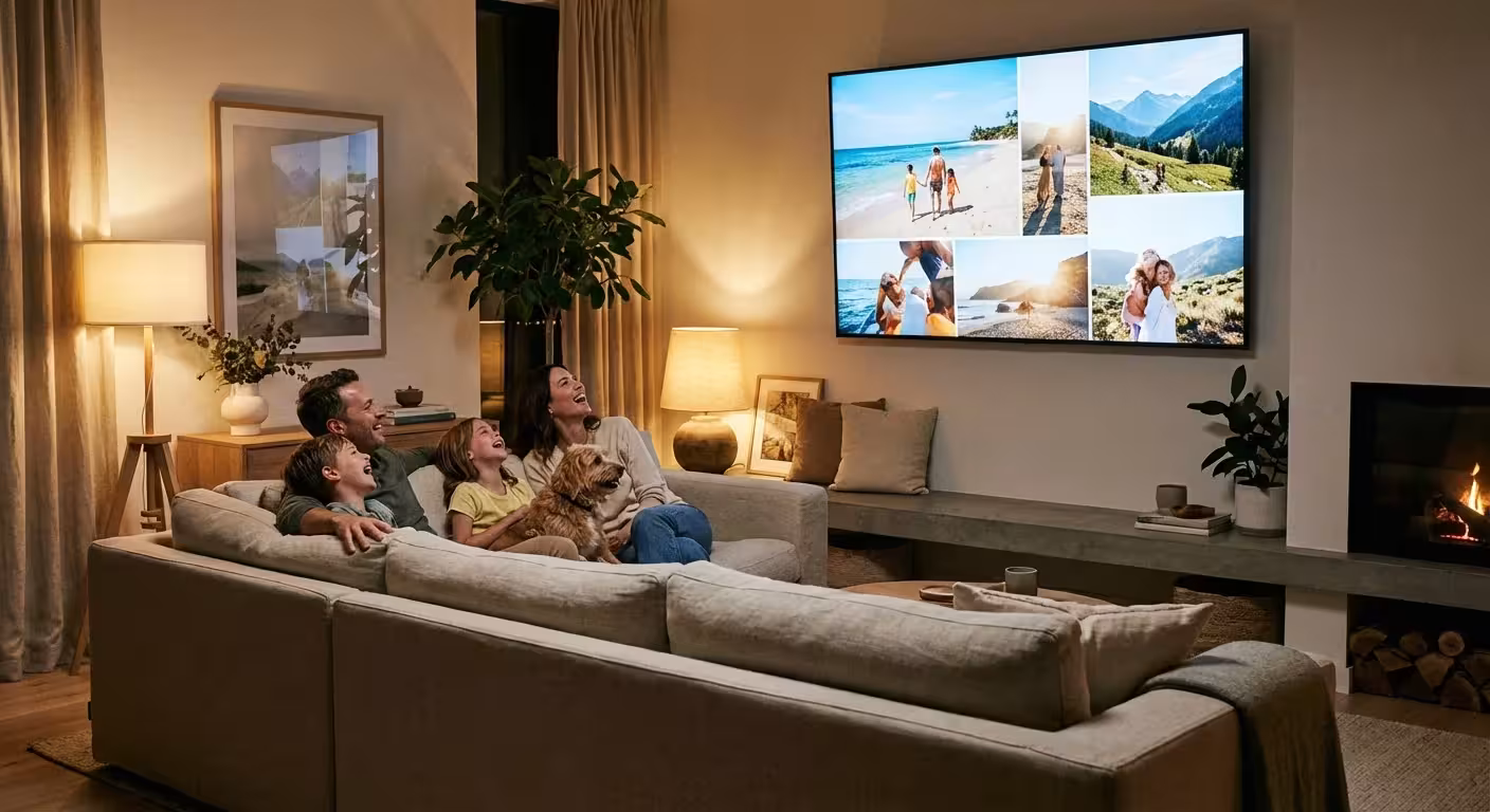 A family enjoying a photo slideshow on a large screen in a cozy, well-lit living room.