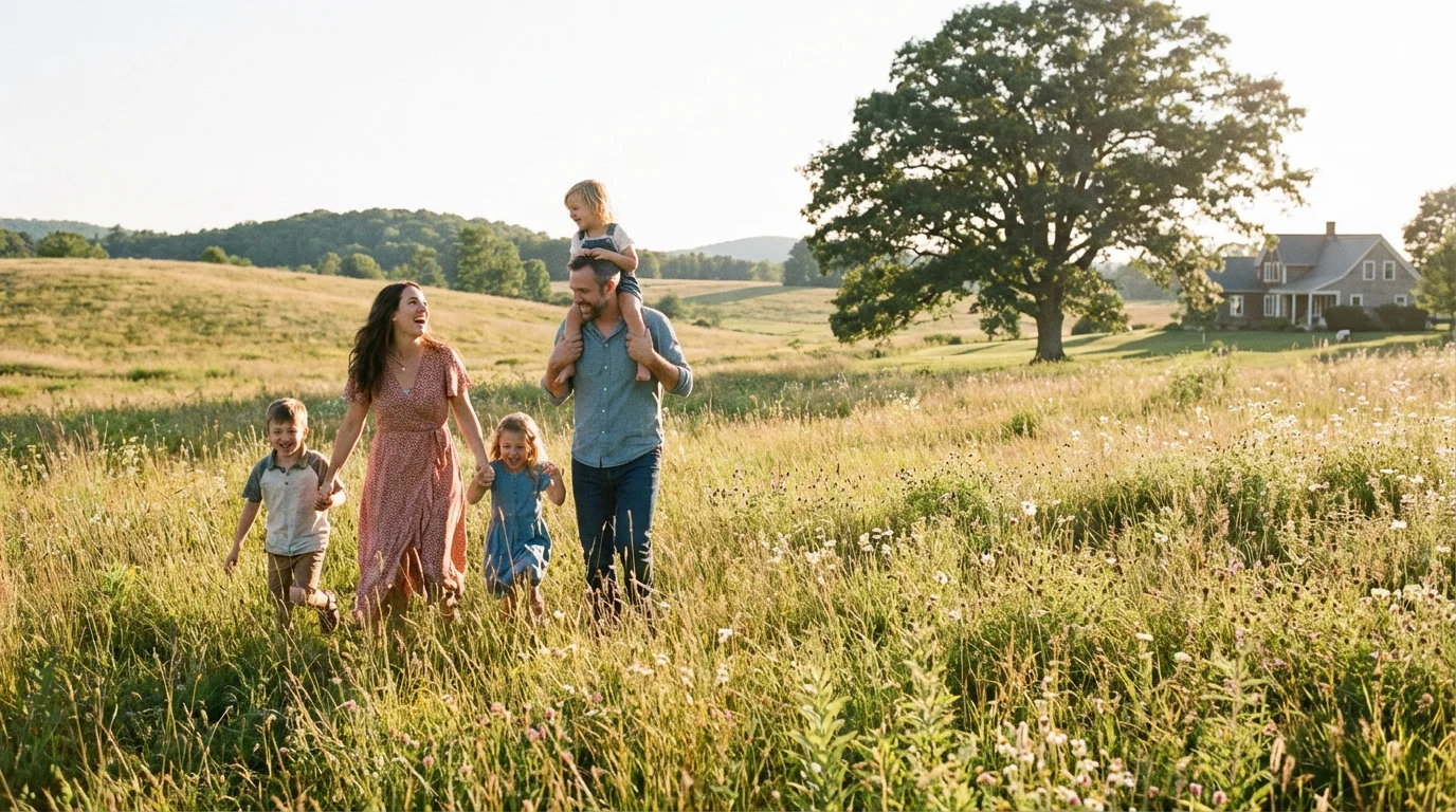 A family walking in a field, positioned to the side of the frame using the rule of thirds.