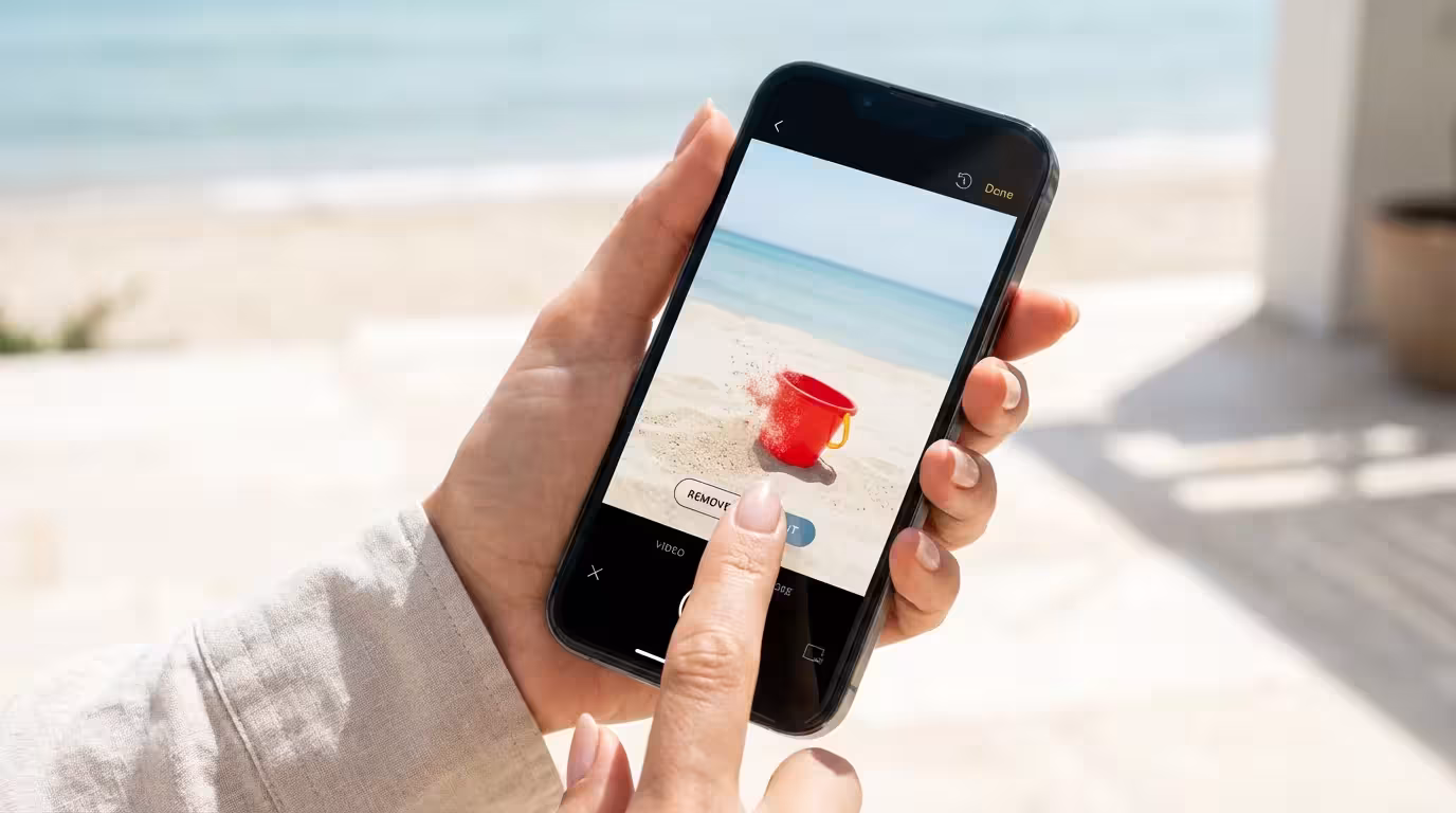 A finger using an app to remove an unwanted object from a beach photo.