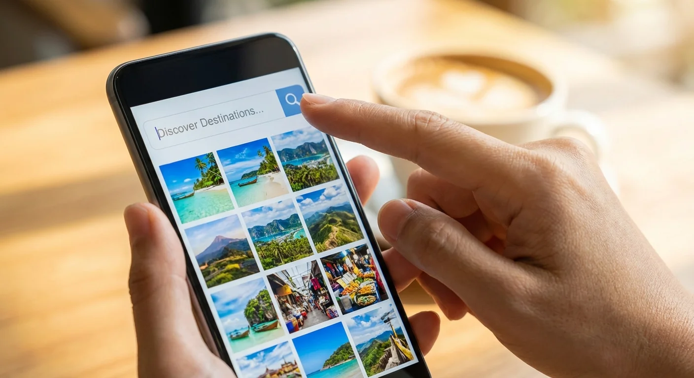 A finger using the search function on a smartphone to find specific vacation photos.