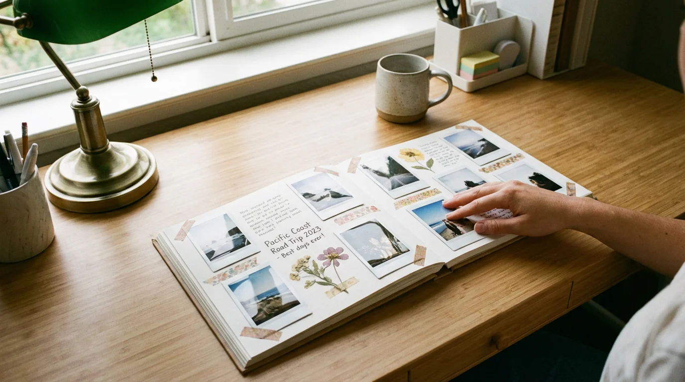 A finished and beautiful scrapbook page lying open on a clean creative workspace.