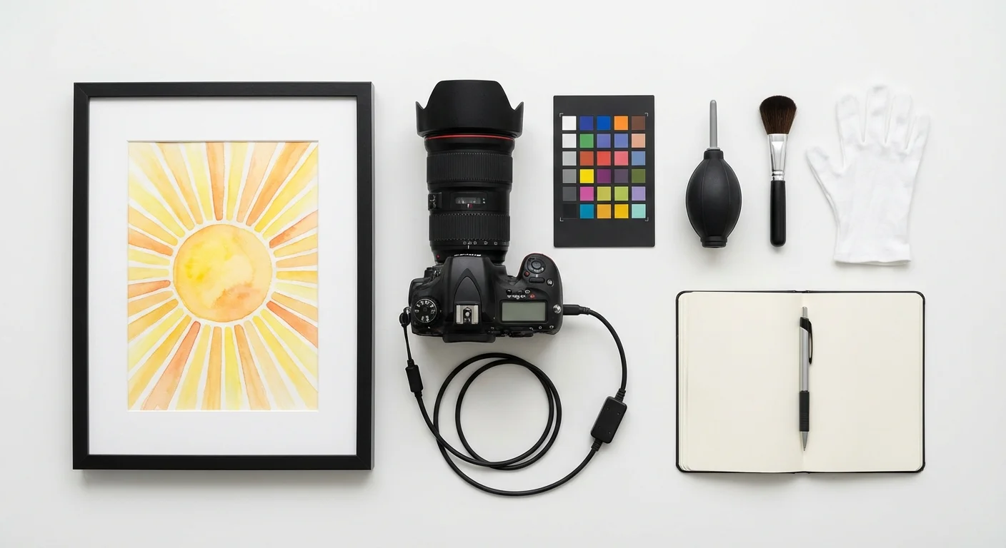 A flat lay featuring a professional camera next to a child's colorful watercolor painting.