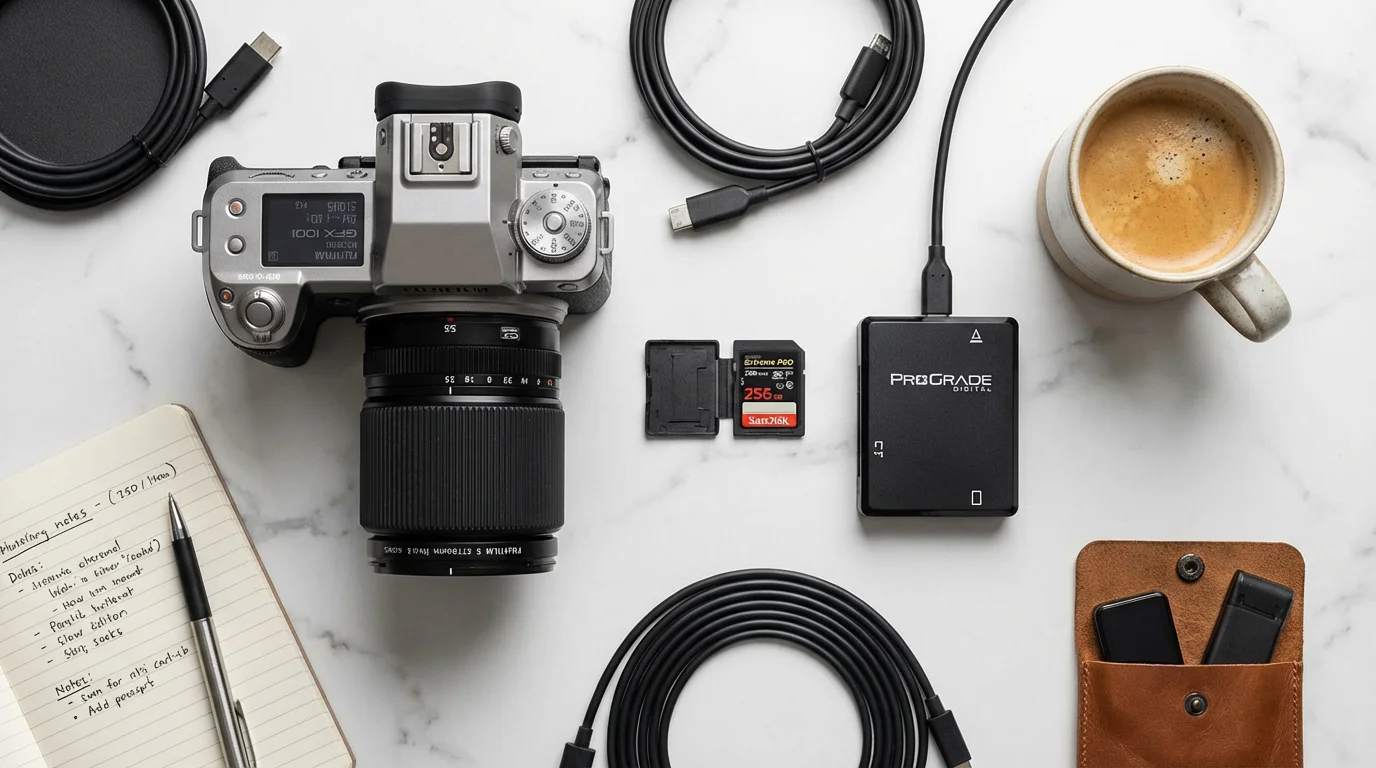 A flat lay of a camera, SD card, and card reader on a marble desk.