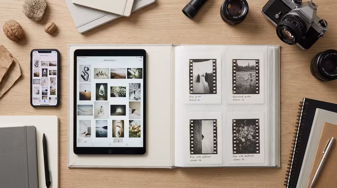 A flat lay of a smartphone, tablet, and photo album showing an organized workflow.