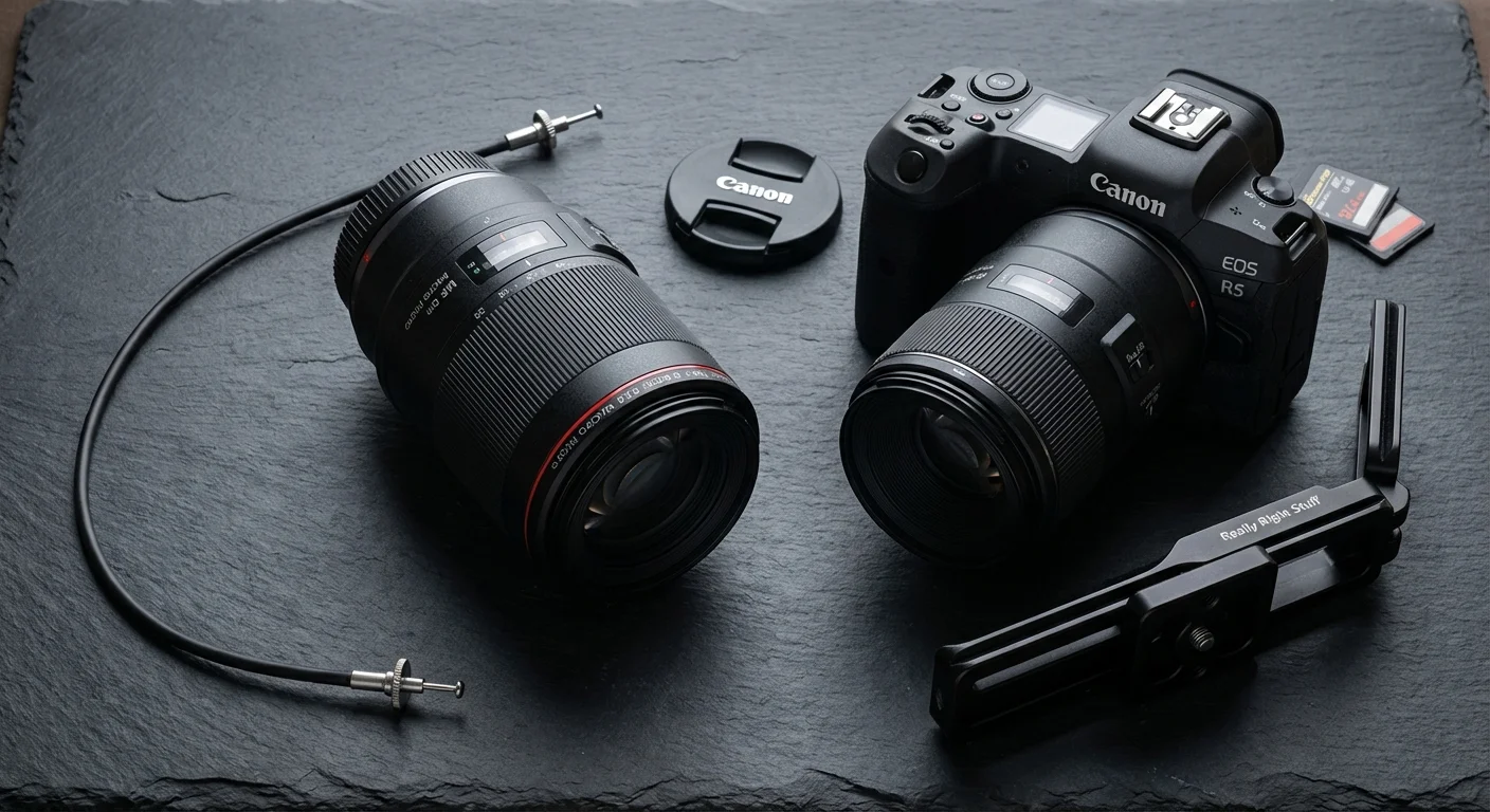 A flat lay of camera scanning gear including a DSLR, macro lens, and mounting equipment on a dark surface.