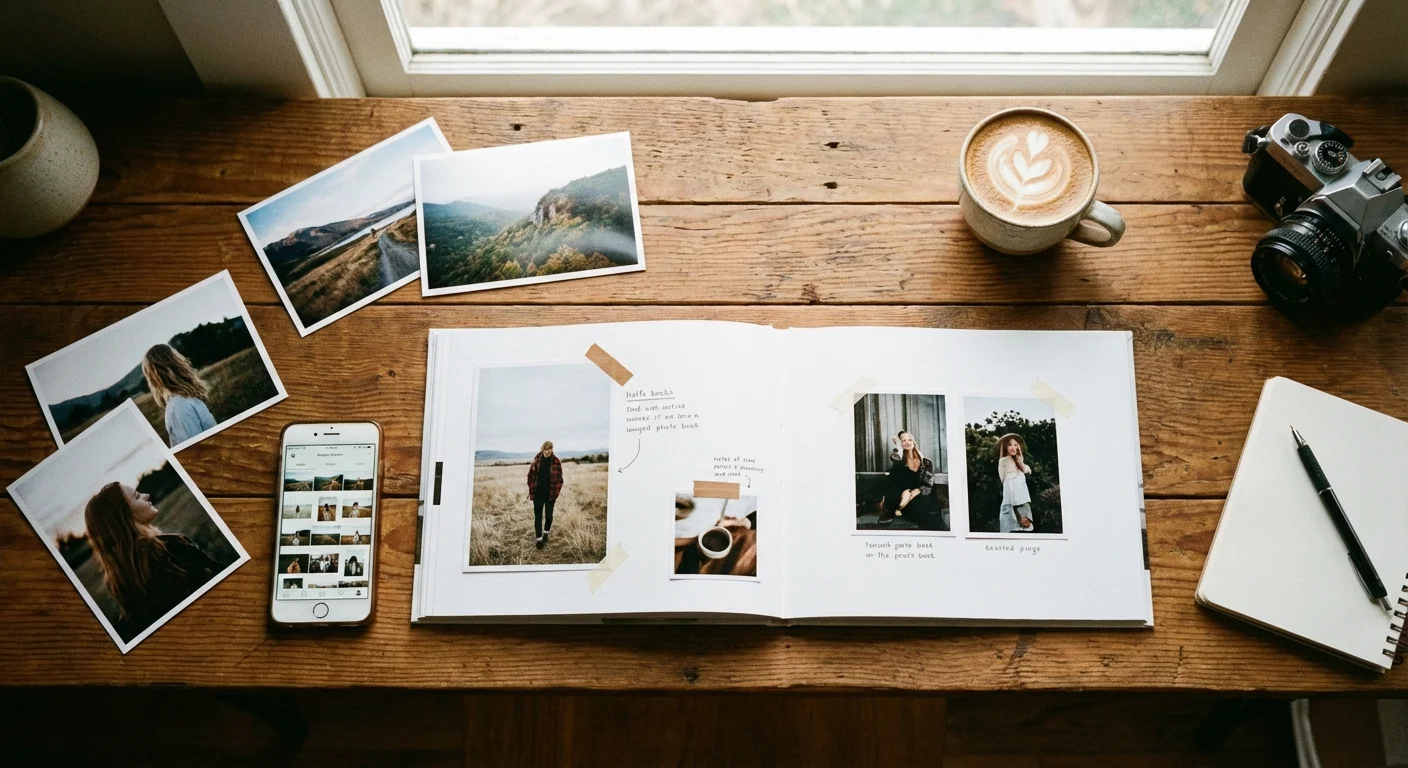 A flat lay of photo prints and a book layout being designed on a wooden table.