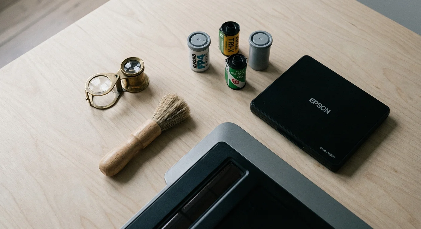 A flat-lay of professional film archiving tools including a loupe and film canisters.