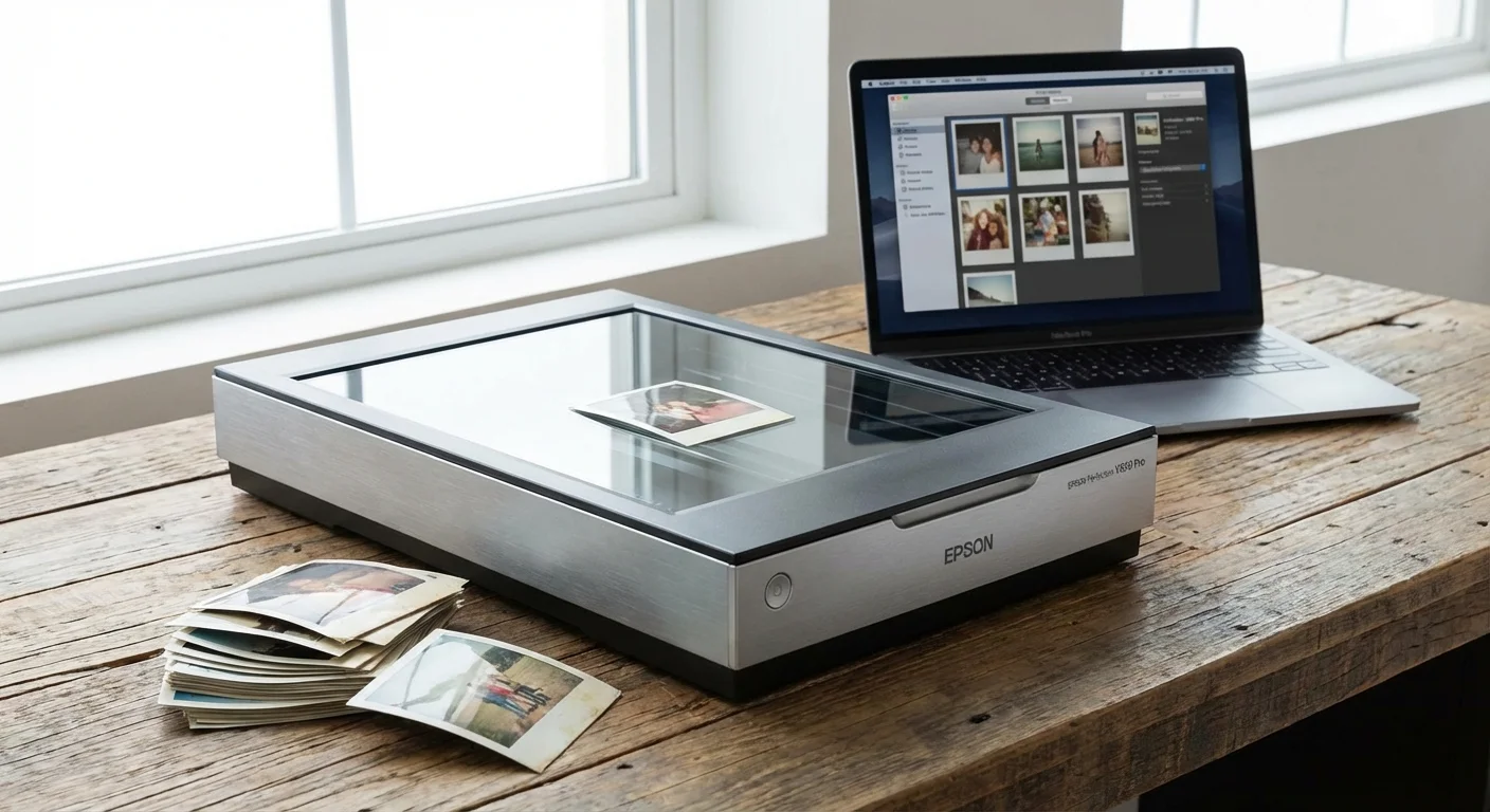A flatbed scanner and a laptop being used to digitize a stack of old Polaroid photos.