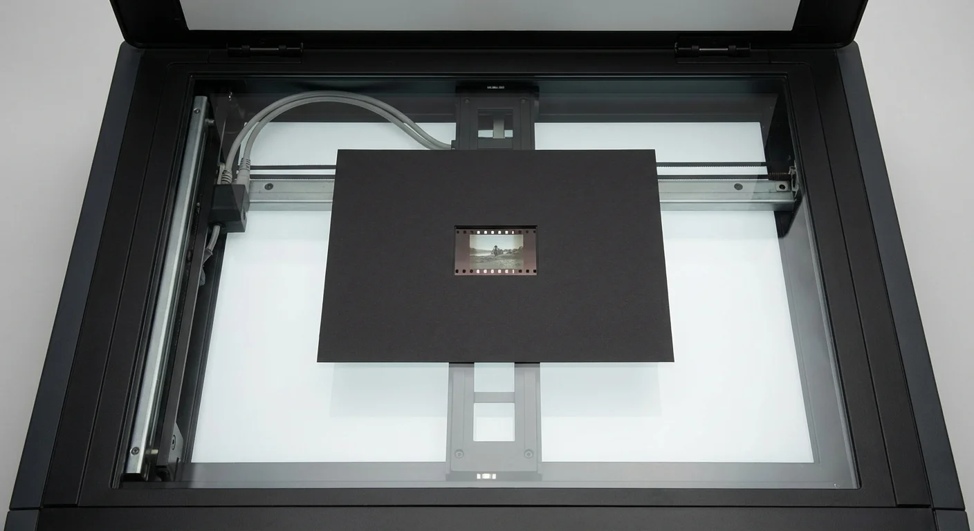 A flatbed scanner with a DIY black mask holding a small 110 film negative for scanning.