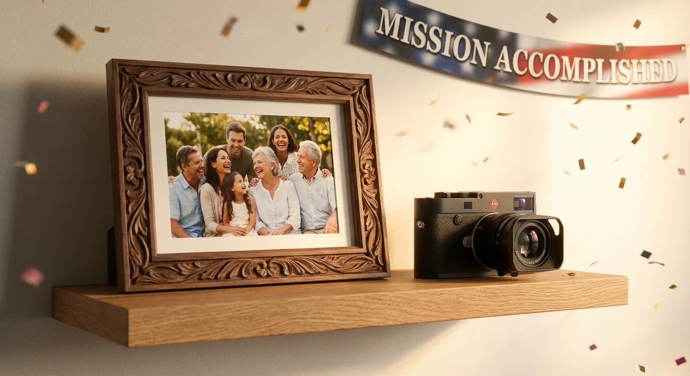 A framed photo and a camera on a shelf, showing the final result of photo restoration.