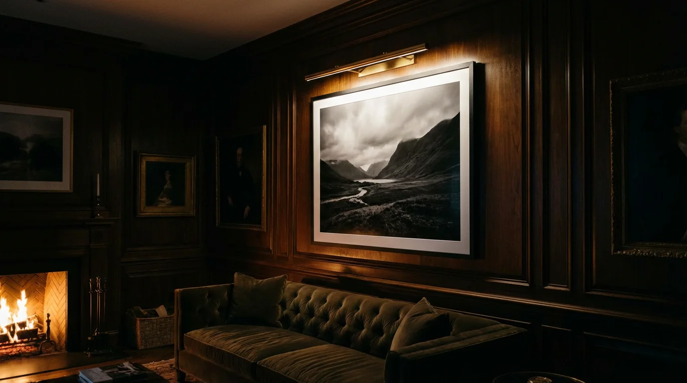 A framed photo on a wall illuminated by a specialized picture light in a cozy evening room.
